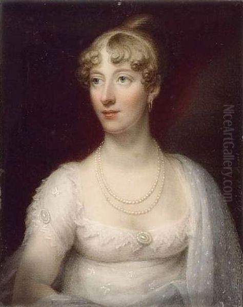 A Lady, wearing white dress with lace collar and pearl brooches at her corsage and sleeve - view 1