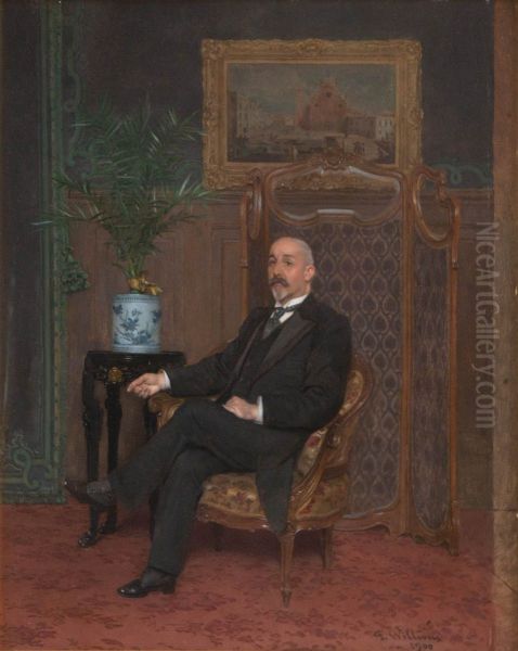 Portrait of a gentleman in bourgeois interior with Delft vase with flowers, painting and Louis XV folding screen - view 1