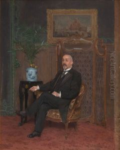 Portrait of a gentleman in bourgeois interior with Delft vase with flowers, painting and Louis XV folding screen