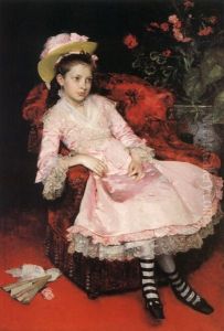 Portrait of a young girl in pink dress. by Raimundo de Madrazo y Garreta