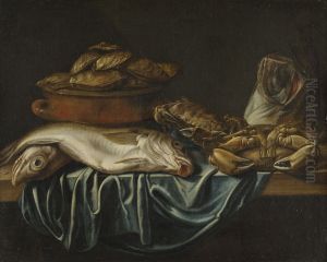 Carp, stockfish, crab on a table and oysters in a crock pot