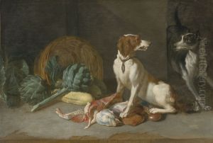 Two Hounds with a Still Life of Entrails, Artichokes, Lettuce, Squash and a Woven Basket by Peter van Boucle