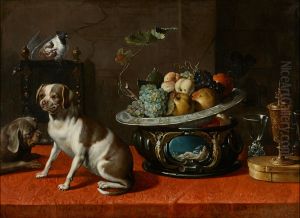 Still life of fruits and glassware with two dogs by Peter van Boucle