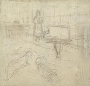 Interior with Woman, Two Dogs and Grand Piano by Edvard Munch