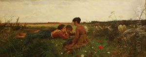 Spring, three girls and sheep on a flowery meadow by Francesco Gioli