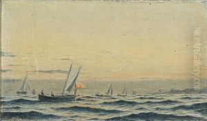 Seascape with sailing boats at sunset. by Carl Baagoe