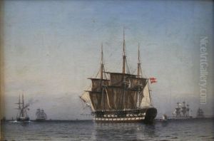 Dansk linjeskib og andre skibe til havs. by Carl Baagoe