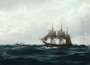 Seascape with sailing ship and motor ship. by Carl Baagoe