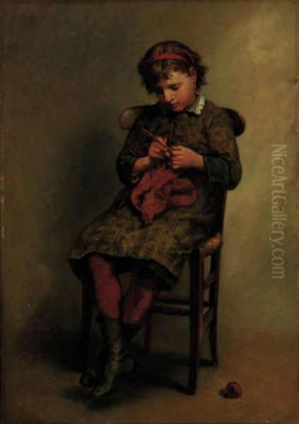 Young girl knitting - view 1
