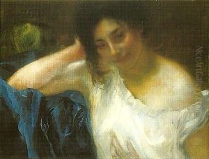 A woman with a blue drapery.