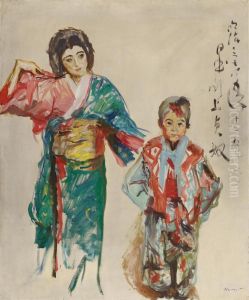 Portrait der Tanzerin Sadayakko mit ihrem Ziehsohn Raikichi by Max Slevogt