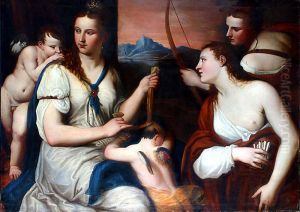 Venus attaching a blindfold to Love's eyes