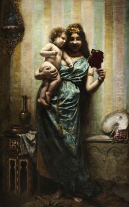 Mother and child in an oriental interior by Agapit Stevens