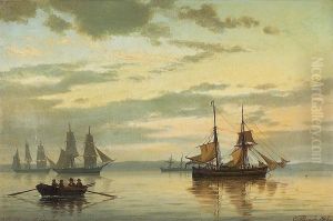 Twilight over seascape with sailships. Twilight over seascape with sailships.