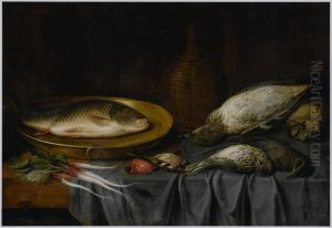 Dead birds, a fish on a copper platter, a bottle of wine and root vegetables on a draped table by Peeter van den Bemden
