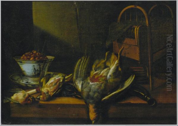 Still life of game including a partridge and finches with a 'Wan-li Kraak porselein' bowl of wild strawberries - view 1