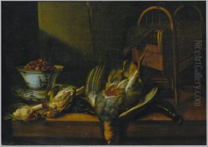 Still life of game including a partridge and finches with a 'Wan-li Kraak porselein' bowl of wild strawberries