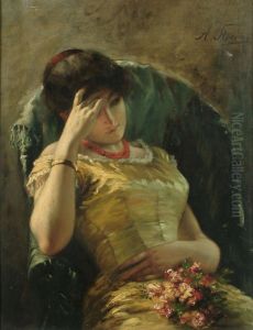 Young beauty with flowers on her lap by Agapit Stevens