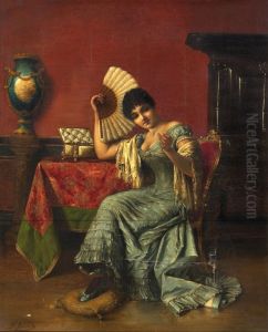 Woman looking at a ring by Agapit Stevens