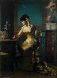 Woman with mirror in yellow dress by Agapit Stevens