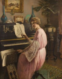 Young woman at the piano by Agapit Stevens