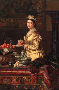 An interior with a lady standing by a table, holding an apple by Jean Daniel Stevens