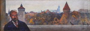 Self-portrait against the view of Krakow by Julian Falat