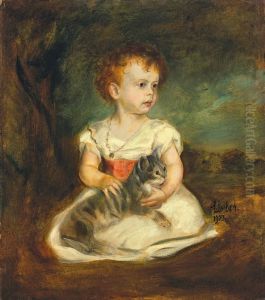 Portrait of a little girl with cat by Lenbach Franz Von