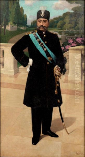 Official portrait of Muzaffar al-din Shah Qajar on the occasion of his state visit to Belgium in 1905 - view 1
