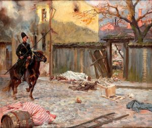 Scene from Russian village with Cossack by Wojciech Kossak