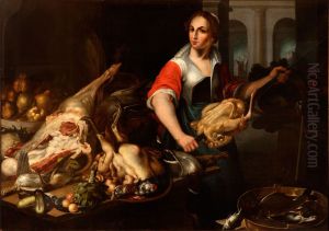 Kitchen still life with figure by Balthasar Huys