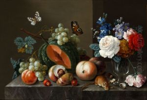 Blumen und Fruchte auf einer steinernen Plinthe mit Schmetterlingen und Mausen