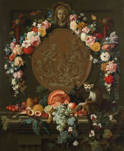 A monkey seated on a stone ledge with a still life of fruit, before a medallion garlanded with flowers