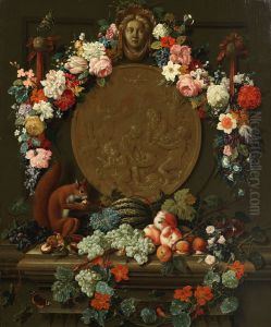 Still life with squirrel on a stone ledge with fruit, before a medallion garlanded with flowers by Johann Amandus Winck