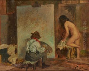 The artist and his model in the studio by Emile Baes