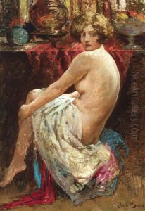 Seated nude looking at viewer by Emile Baes