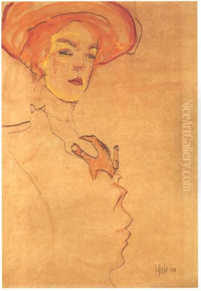 Portrait of a woman with orange hat - view 1