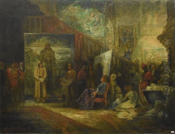 Satirical self-portrait of painter Emile Baes posing with Belgian King Albert I in front of his portrait - view 1