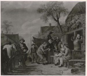 Village scene before an inn by Jan Victors