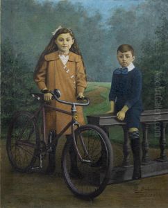 Portrait of a girl with a bicycle and her brother