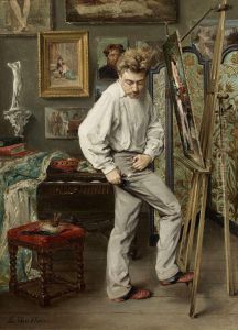 Self-portrait in his atelier by Edmond Van Hove