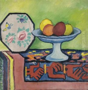 Still-life with bowl of apples and japanese fan by August Macke