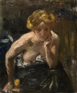 Half-nude of a young woman, her head supported with her left hand