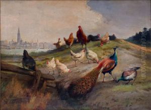 Landscape with animals and view of Antwerp by Jef Louis Van Leemputten