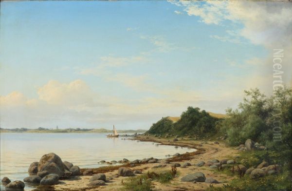 Coastal scape with sail boat and drifting clouds. - view 1