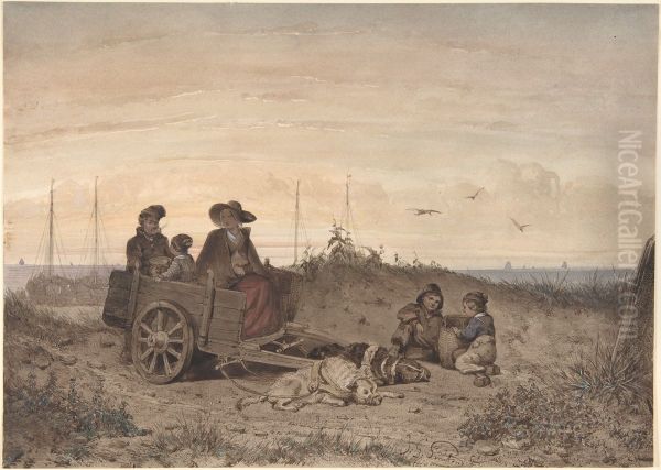 A Fisherman's Family at the Beach, the Mother and One of the Children Sitting in a Cart - view 1