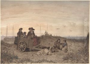 A Fisherman's Family at the Beach, the Mother and One of the Children Sitting in a Cart by Jan Gerard Smits