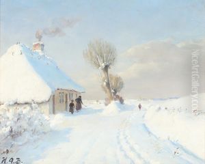 Sunny winter day with mother and child in front of a cottage. by H. A. Brendekilde