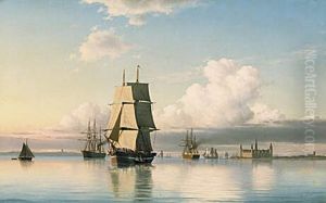Ships off Kronborg castle in calm weather.