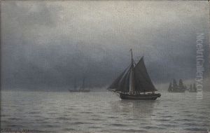 Ships at sea at dusk. by Carl Baagoe